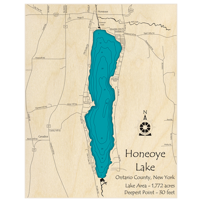 Bathymetric topo map of Honeoye Lake with roads, towns and depths noted in blue water