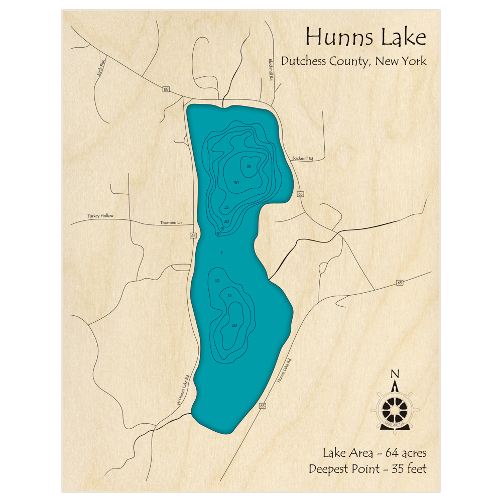 Bathymetric topo map of Hunns Lake with roads, towns and depths noted in blue water