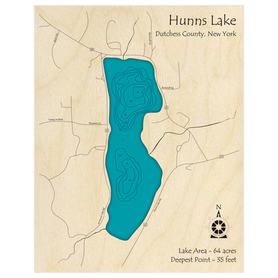 Bathymetric topo map of Hunns Lake with roads, towns and depths noted in blue water