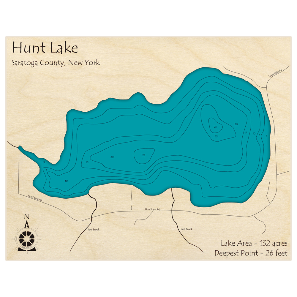 Bathymetric topo map of Hunt Lake with roads, towns and depths noted in blue water