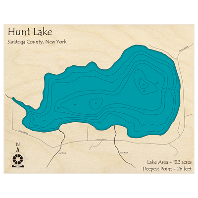 Bathymetric topo map of Hunt Lake with roads, towns and depths noted in blue water