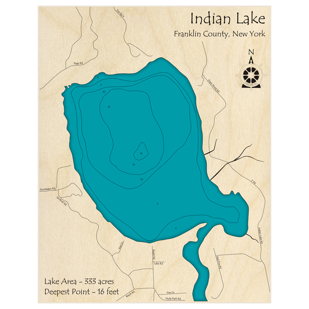 Bathymetric topo map of Indian Lake with roads, towns and depths noted in blue water