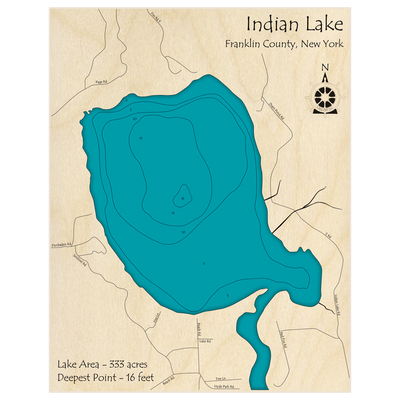 Bathymetric topo map of Indian Lake with roads, towns and depths noted in blue water