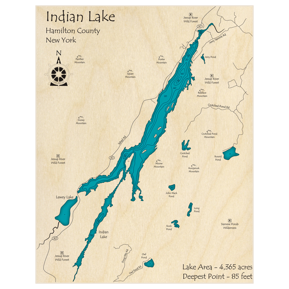 Bathymetric topo map of Indian Lake with roads, towns and depths noted in blue water