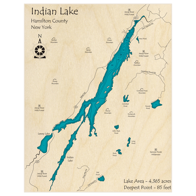 Bathymetric topo map of Indian Lake with roads, towns and depths noted in blue water