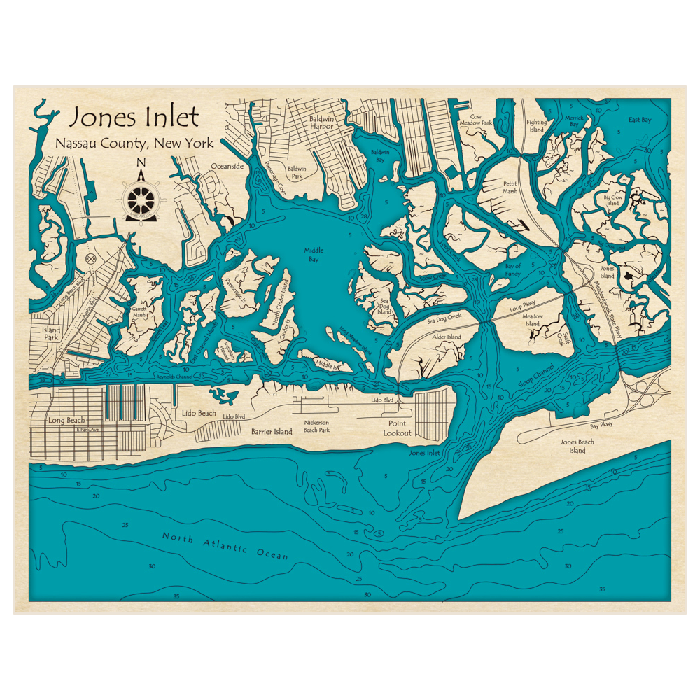 Bathymetric topo map of Jones Inlet with roads, towns and depths noted in blue water