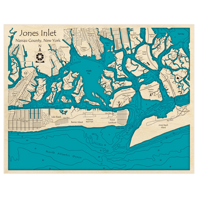 Bathymetric topo map of Jones Inlet with roads, towns and depths noted in blue water