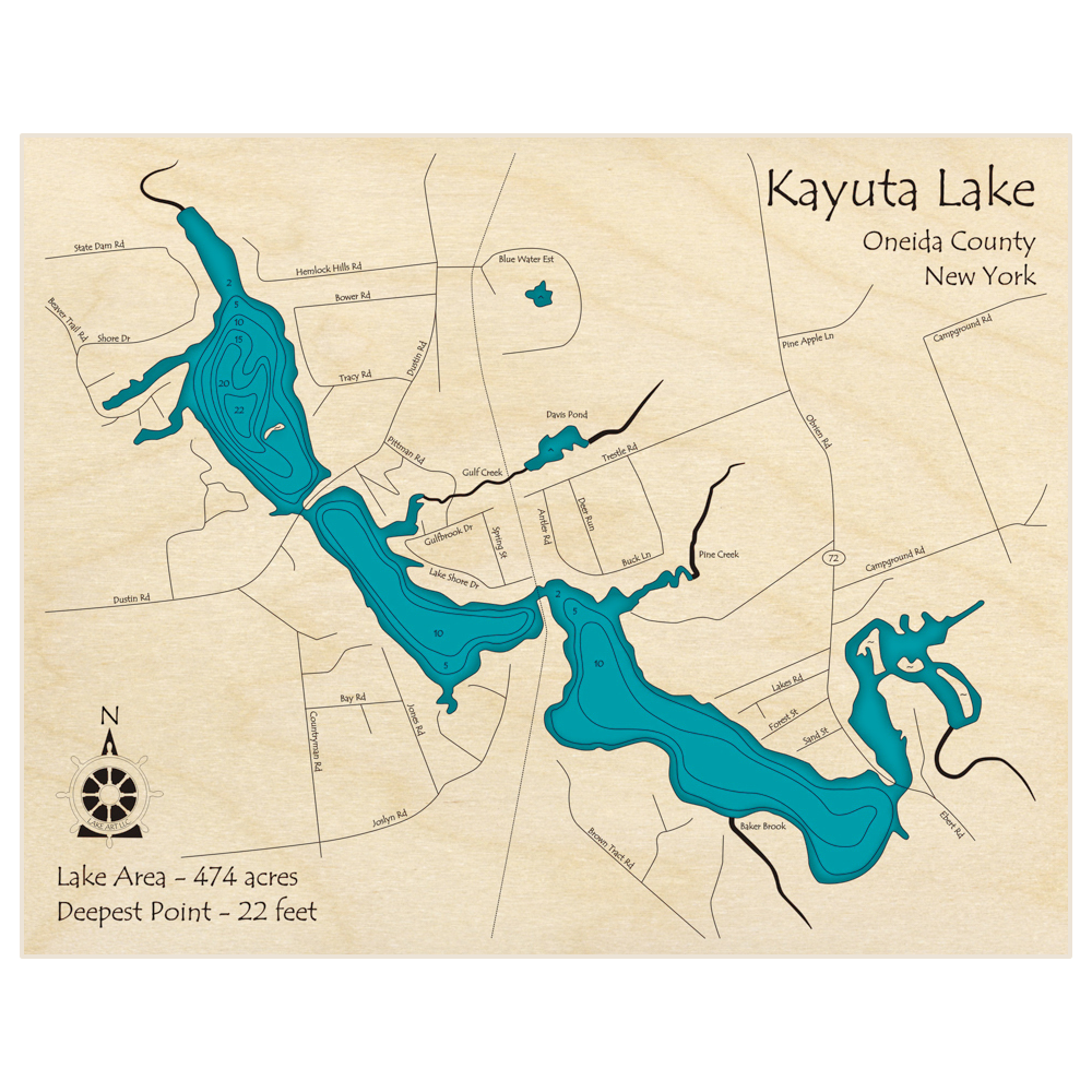 Bathymetric topo map of Kayuta Lake with roads, towns and depths noted in blue water