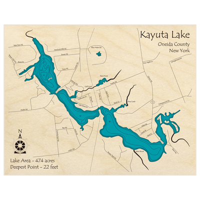 Bathymetric topo map of Kayuta Lake with roads, towns and depths noted in blue water