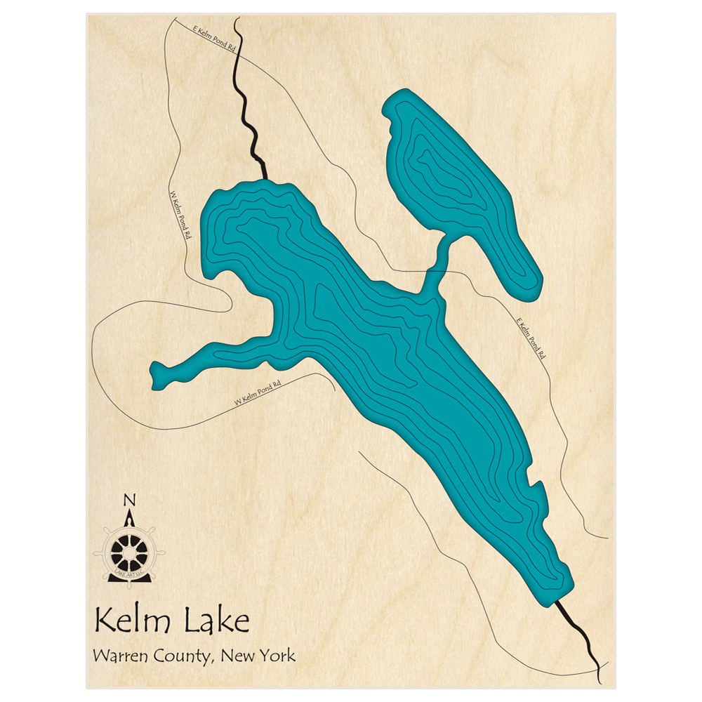 Bathymetric topo map of Kelm Lake (with Gould Pond)  with roads, towns and depths noted in blue water