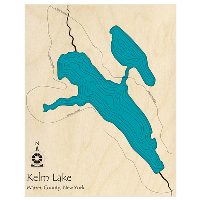 Bathymetric topo map of Kelm Lake (with Gould Pond)  with roads, towns and depths noted in blue water