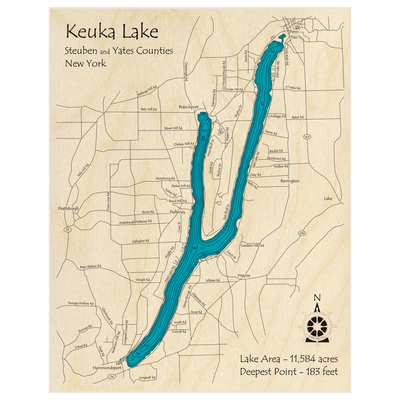 Bathymetric topo map of Keuka Lake with roads, towns and depths noted in blue water