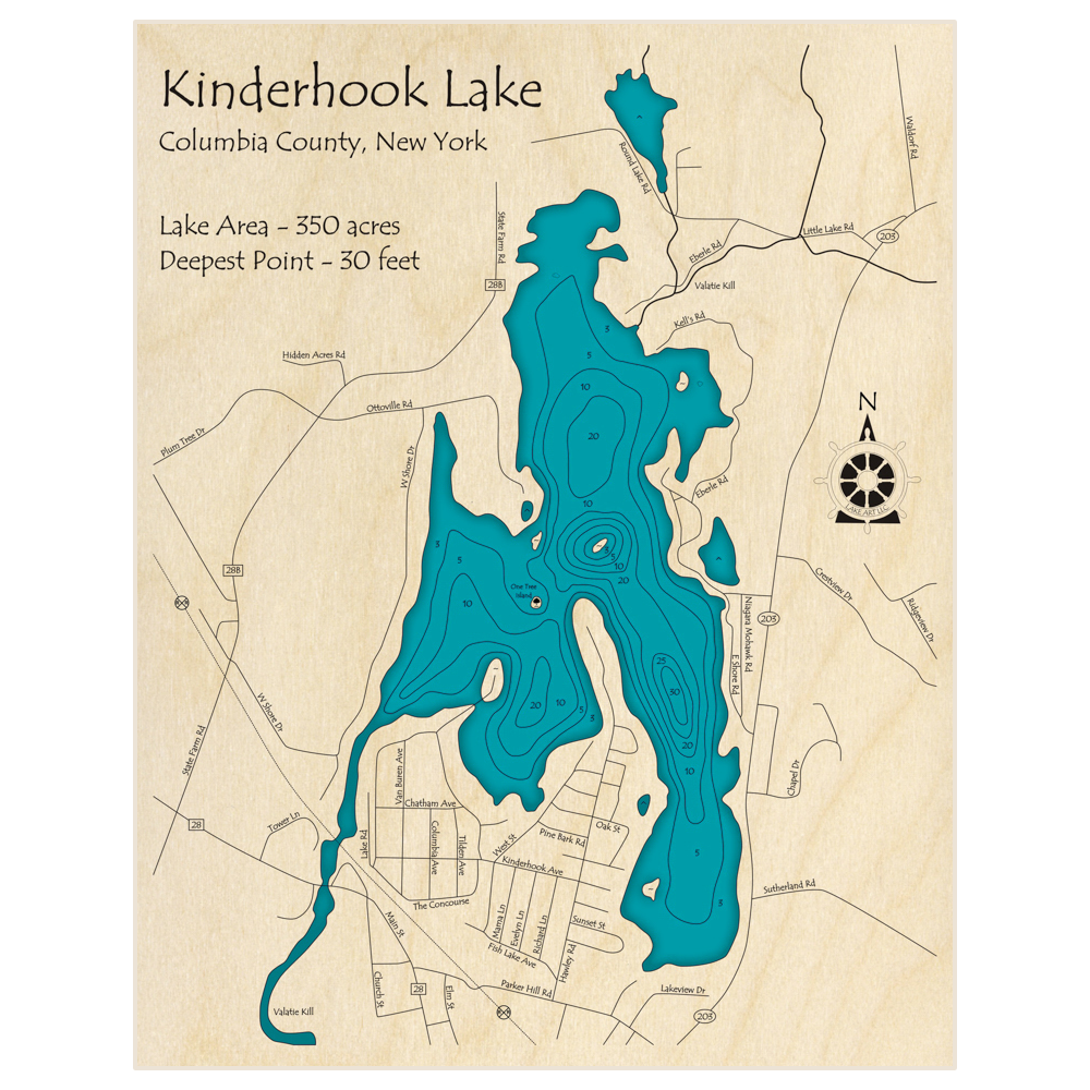 Bathymetric topo map of Kinderhook Lake with roads, towns and depths noted in blue water