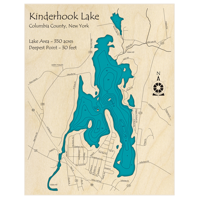 Bathymetric topo map of Kinderhook Lake with roads, towns and depths noted in blue water