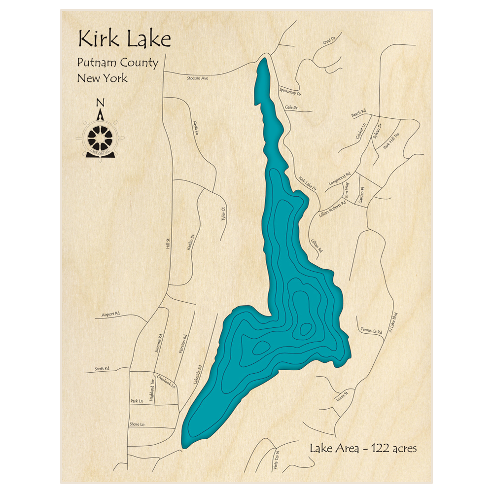 Bathymetric topo map of Kirk Lake  with roads, towns and depths noted in blue water