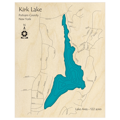 Bathymetric topo map of Kirk Lake  with roads, towns and depths noted in blue water