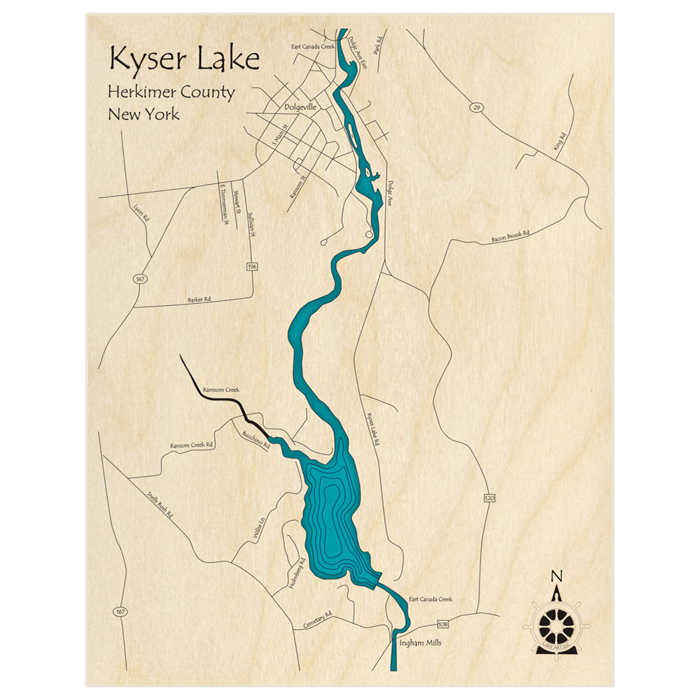 Bathymetric topo map of Kyser Lake  with roads, towns and depths noted in blue water