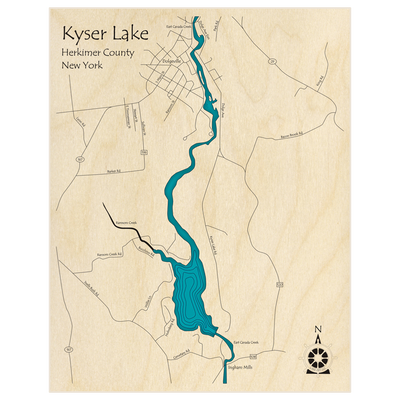 Bathymetric topo map of Kyser Lake  with roads, towns and depths noted in blue water