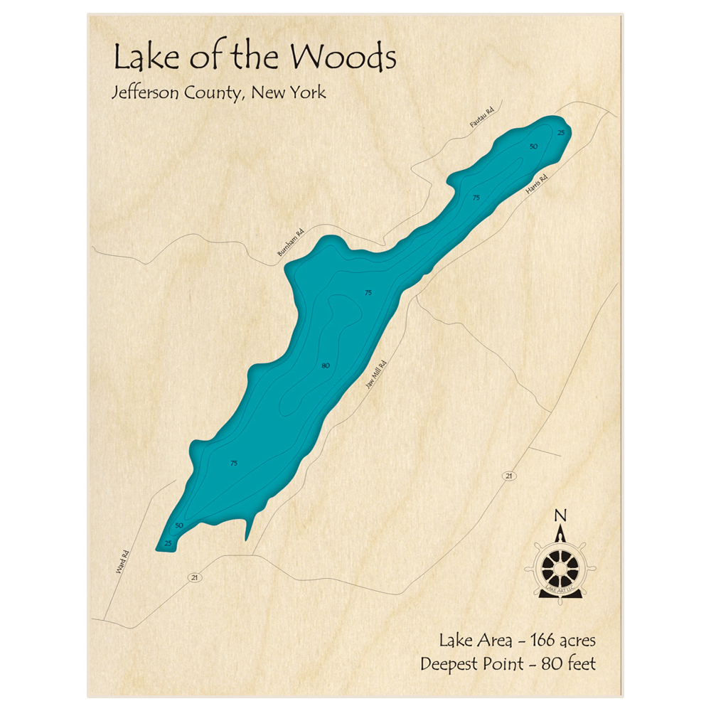 Bathymetric topo map of Lake of the Woods with roads, towns and depths noted in blue water