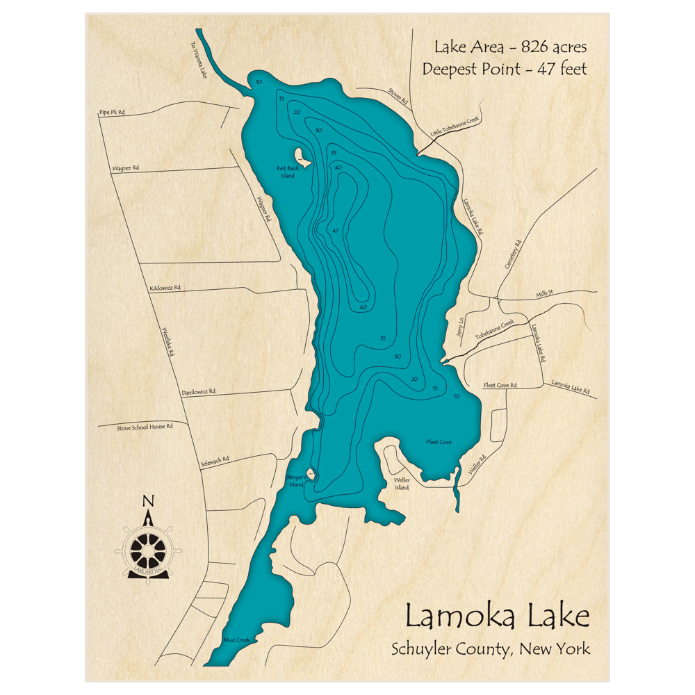 Bathymetric topo map of Lamoka Lake with roads, towns and depths noted in blue water