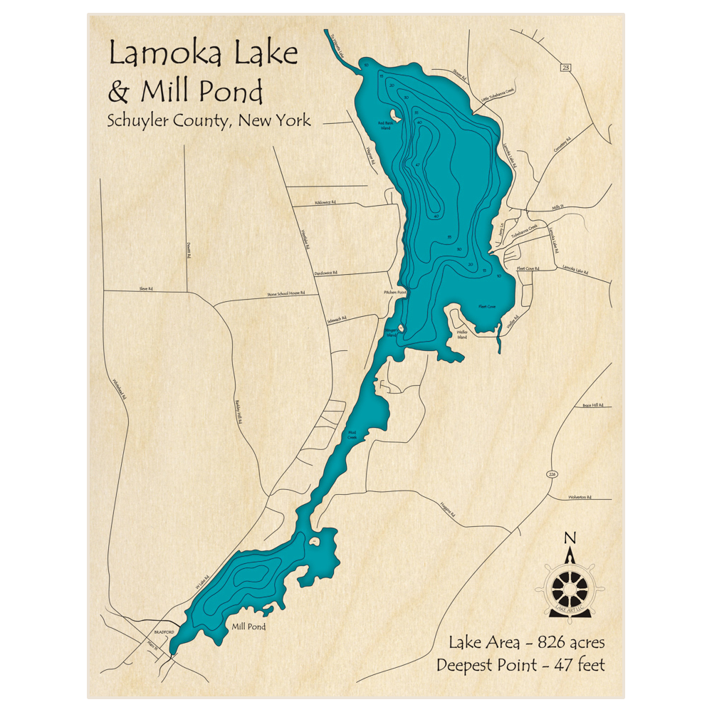 Bathymetric topo map of Lamoka Lake and Mill Pond with roads, towns and depths noted in blue water