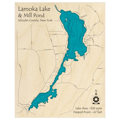 Bathymetric topo map of Lamoka Lake and Mill Pond with roads, towns and depths noted in blue water