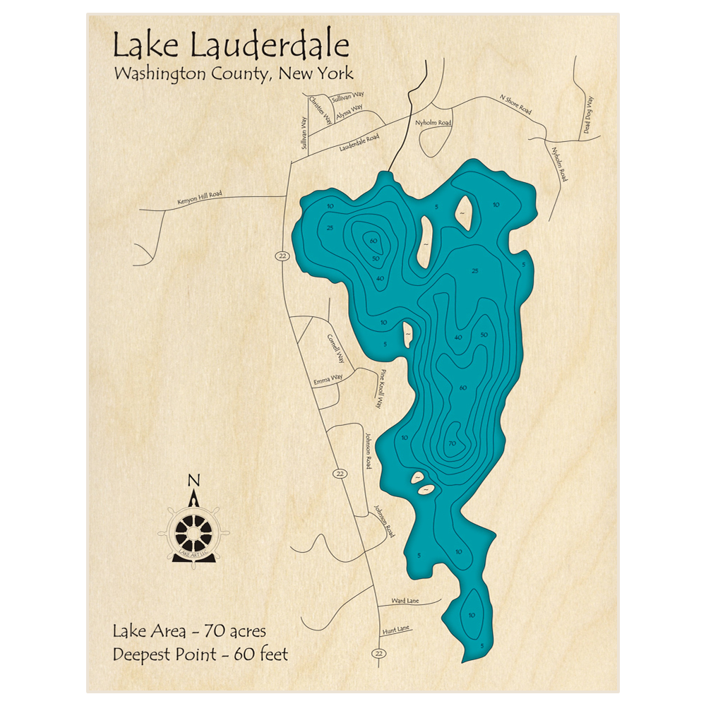 Bathymetric topo map of Lake Lauderdale with roads, towns and depths noted in blue water