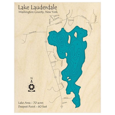 Bathymetric topo map of Lake Lauderdale with roads, towns and depths noted in blue water