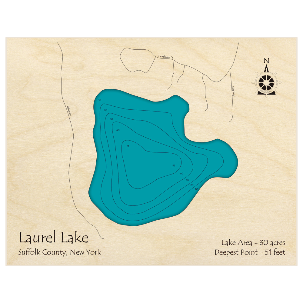 Bathymetric topo map of Laurel Lake with roads, towns and depths noted in blue water