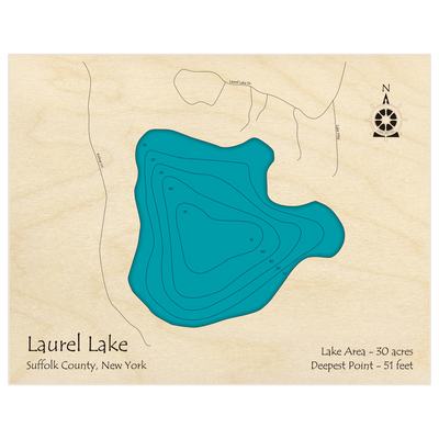 Bathymetric topo map of Laurel Lake with roads, towns and depths noted in blue water