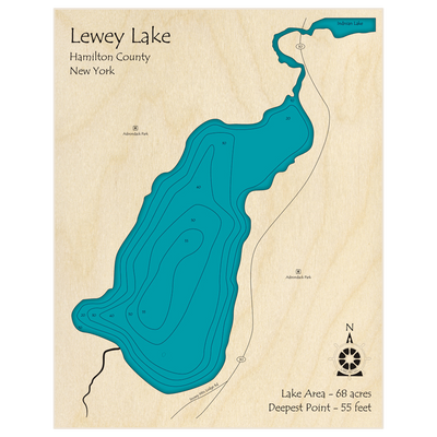 Bathymetric topo map of Lewey Lake with roads, towns and depths noted in blue water