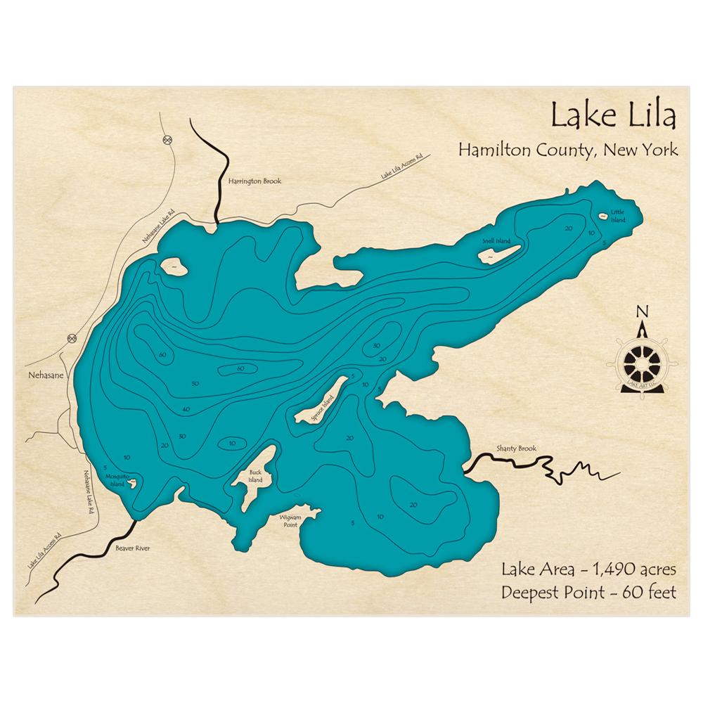 Bathymetric topo map of Lake Lila with roads, towns and depths noted in blue water