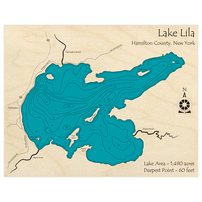 Bathymetric topo map of Lake Lila with roads, towns and depths noted in blue water