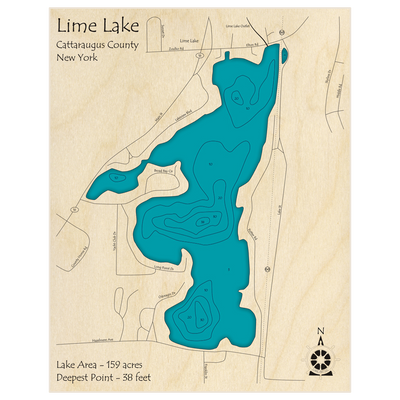 Bathymetric topo map of Lime Lake with roads, towns and depths noted in blue water