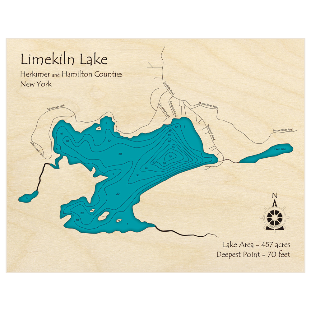 Bathymetric topo map of Limekiln Lake with roads, towns and depths noted in blue water