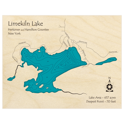 Bathymetric topo map of Limekiln Lake with roads, towns and depths noted in blue water