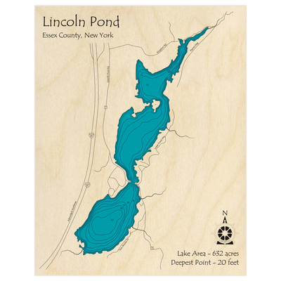 Bathymetric topo map of Lincoln Pond with roads, towns and depths noted in blue water