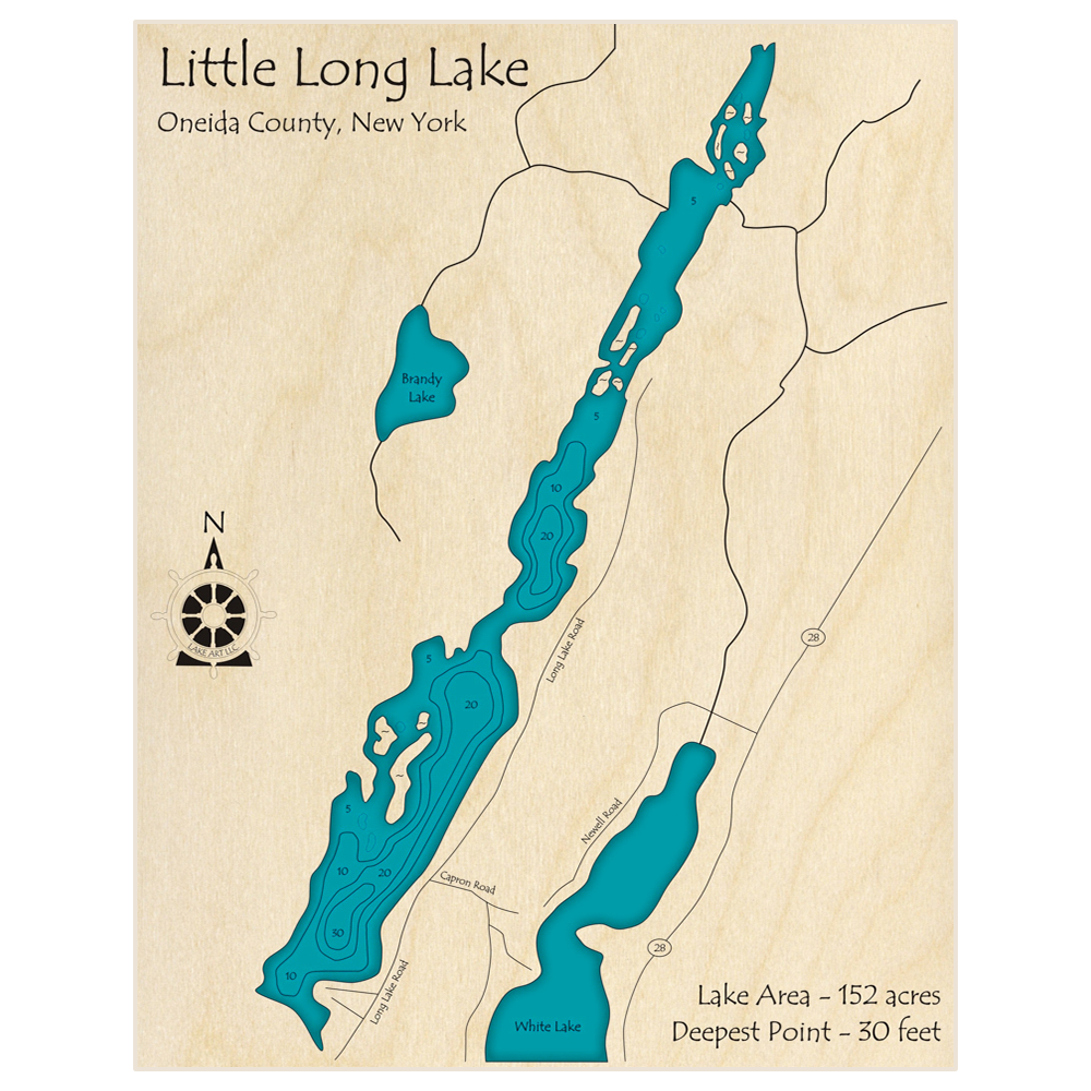 Bathymetric topo map of Little Long Lake with roads, towns and depths noted in blue water