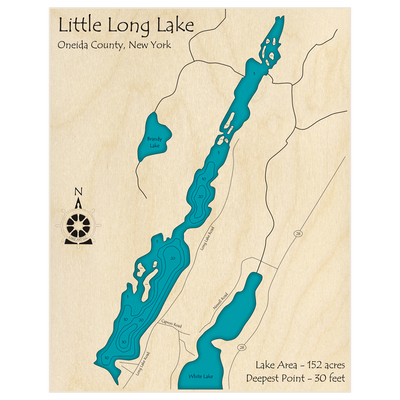 Bathymetric topo map of Little Long Lake with roads, towns and depths noted in blue water