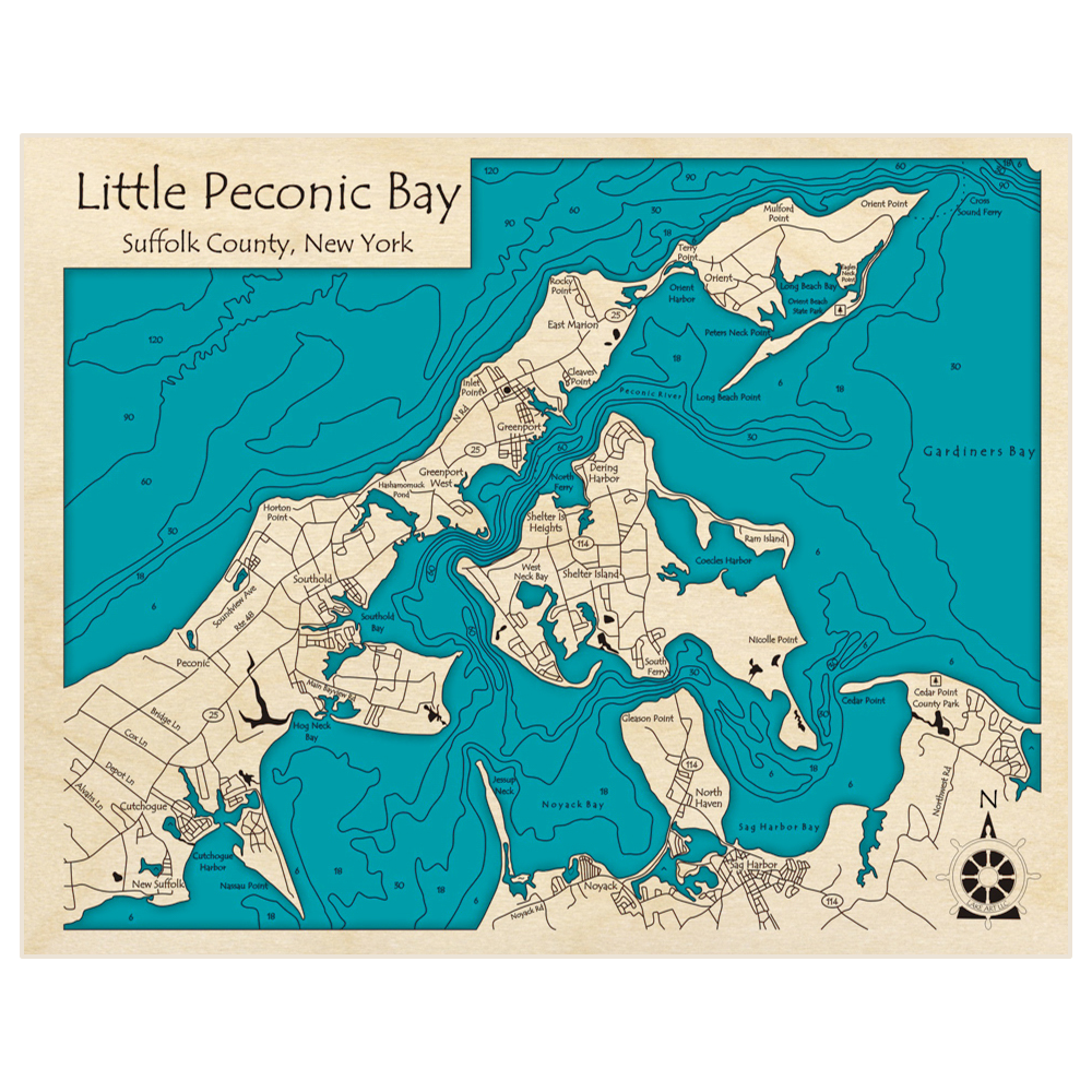 Bathymetric topo map of Little Peconic Bay with roads, towns and depths noted in blue water