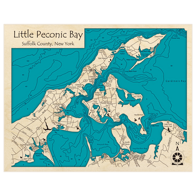 Bathymetric topo map of Little Peconic Bay with roads, towns and depths noted in blue water