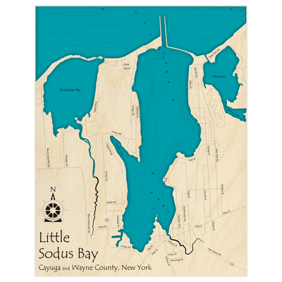 Bathymetric topo map of Little Sodus Bay with roads, towns and depths noted in blue water