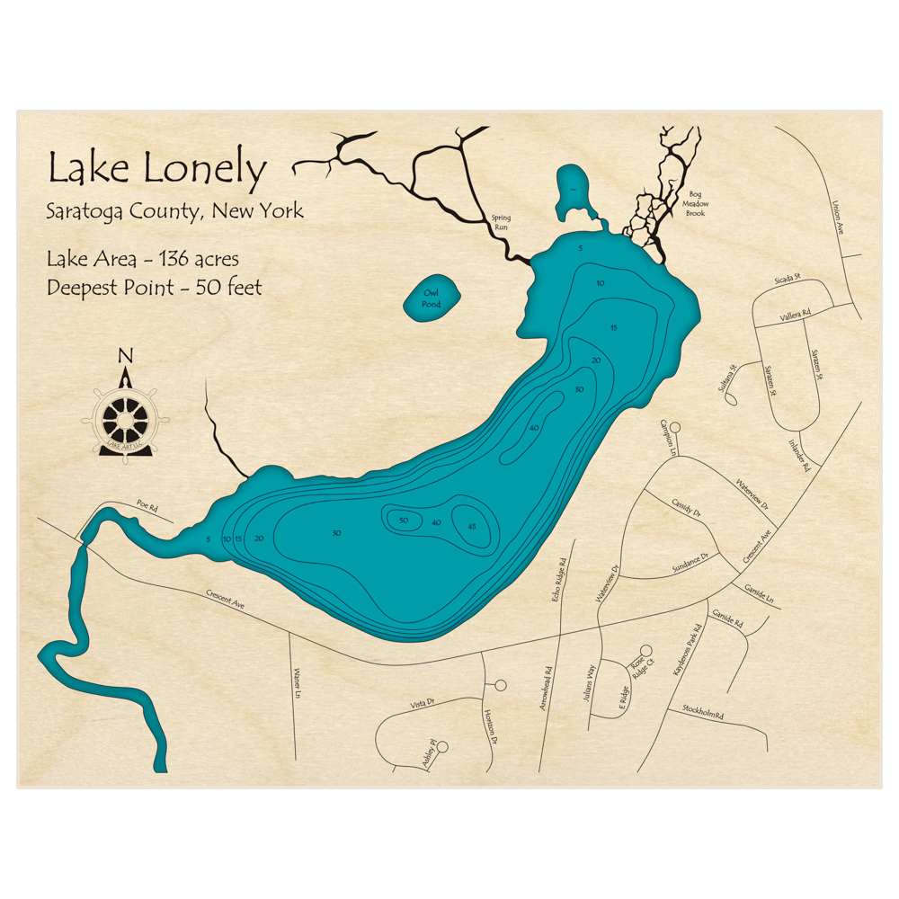 Bathymetric topo map of Lake Lonely with roads, towns and depths noted in blue water