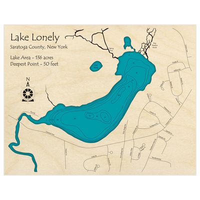 Bathymetric topo map of Lake Lonely with roads, towns and depths noted in blue water