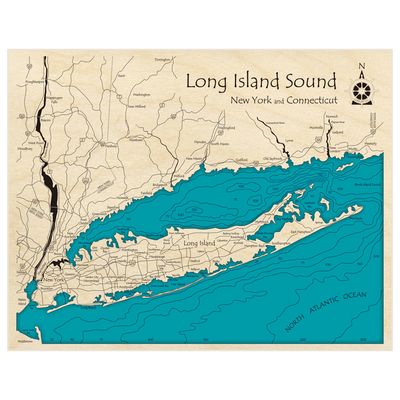 Bathymetric topo map of Long Island Sound with roads, towns and depths noted in blue water