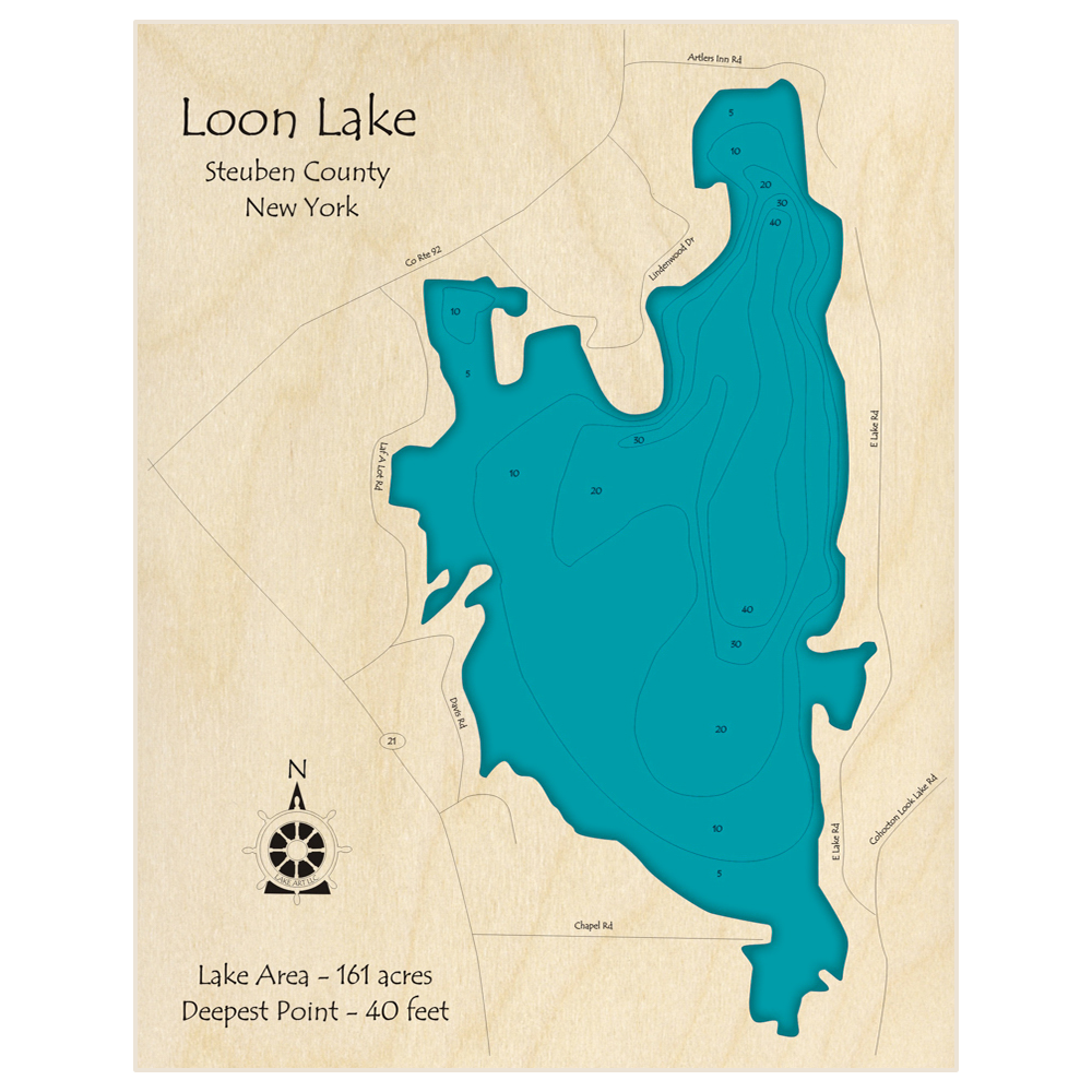 Bathymetric topo map of Loon Lake with roads, towns and depths noted in blue water