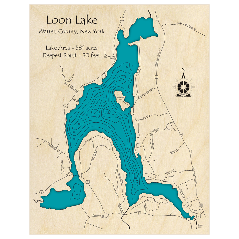 Bathymetric topo map of Loon Lake with roads, towns and depths noted in blue water