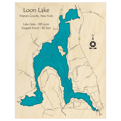 Bathymetric topo map of Loon Lake with roads, towns and depths noted in blue water