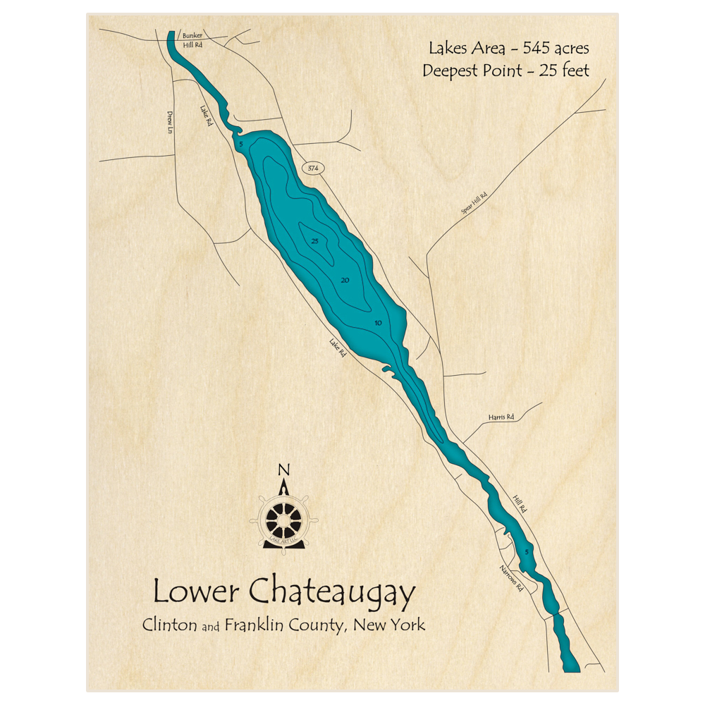 Bathymetric topo map of Chateaugay Lake (Lower lake only) with roads, towns and depths noted in blue water