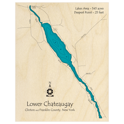 Bathymetric topo map of Chateaugay Lake (Lower lake only) with roads, towns and depths noted in blue water